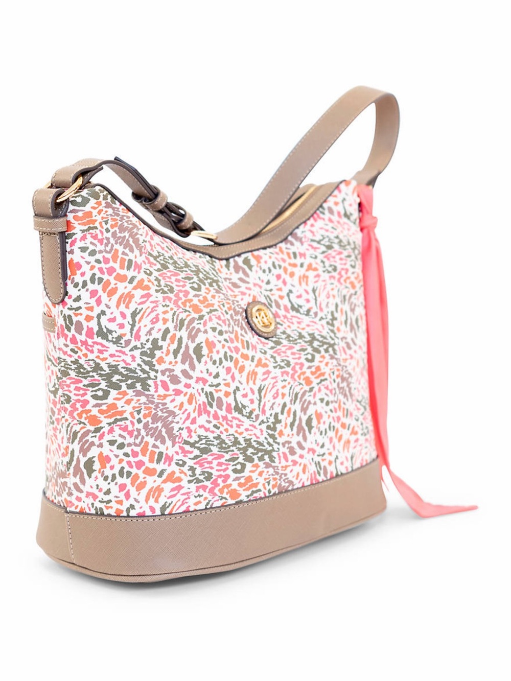 Pink Multi-Print Shoulder Hobo with Tan Trim
